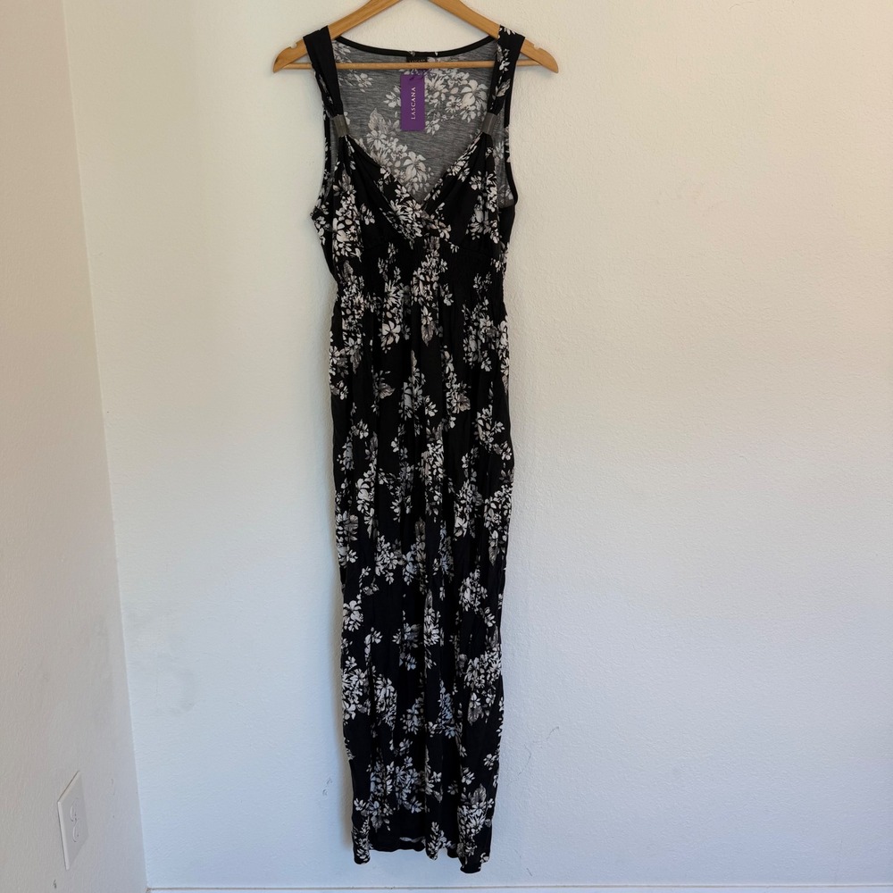 Lascana Floral Maxi Dress Womens Small Black White Smocked V-Neck Sleeveless
